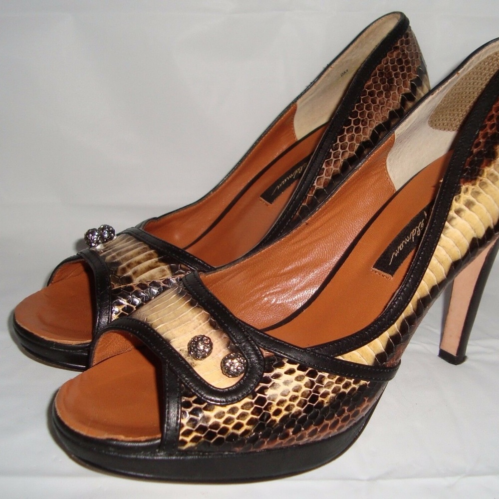 Beverly Feldman Snakeskin Peep Toe Pumps 9